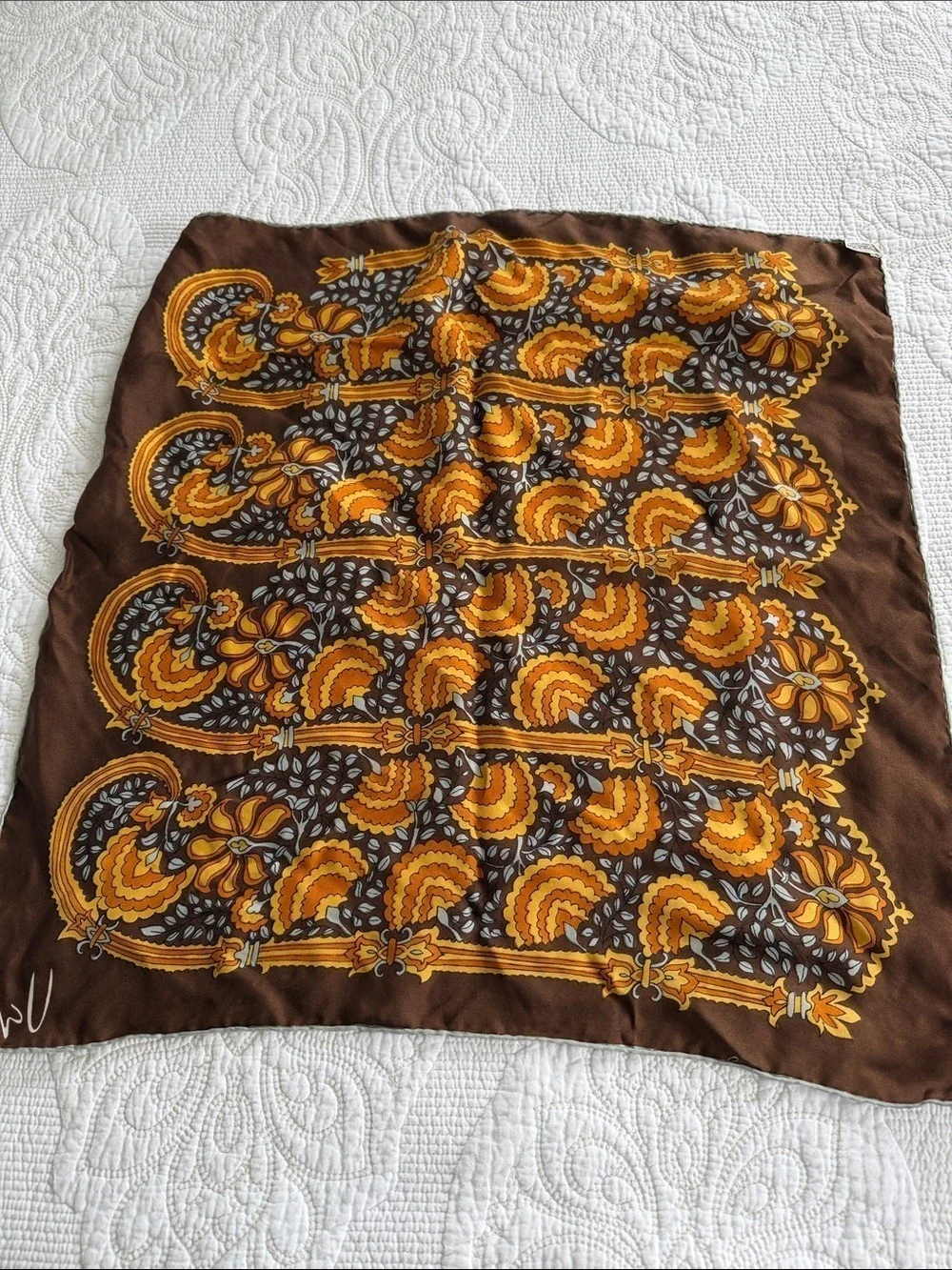 Vera Vintage Silk Floral Fan Print Scarf 22” Square Brown Yellow